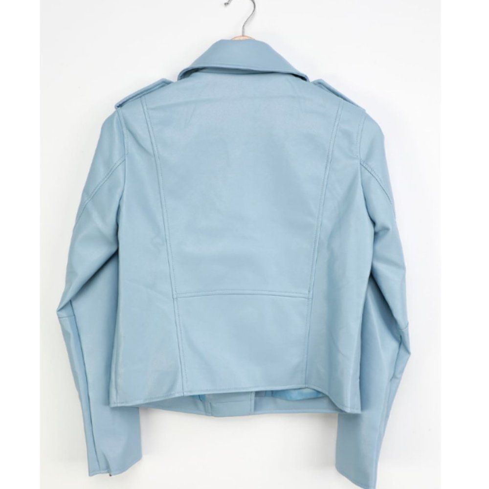 LULU'S cropped biker jacket Out for the Night Blue Vegan Leather Moto Jacket NWT - Picture 6 of 8